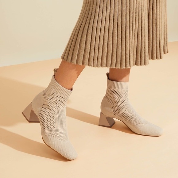 VIVAIA Knit Sock Boots, Square Heel Ankle Booties Neutral Beige, EU/36 US/5.5-6 - Picture 1 of 11